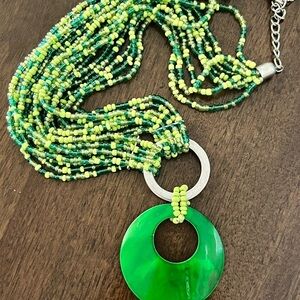 Vintage Green Beaded Necklace with Green Acrylic Pendant
